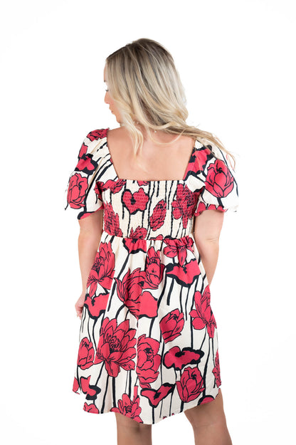 Red Floral Puff Sleeve Dress