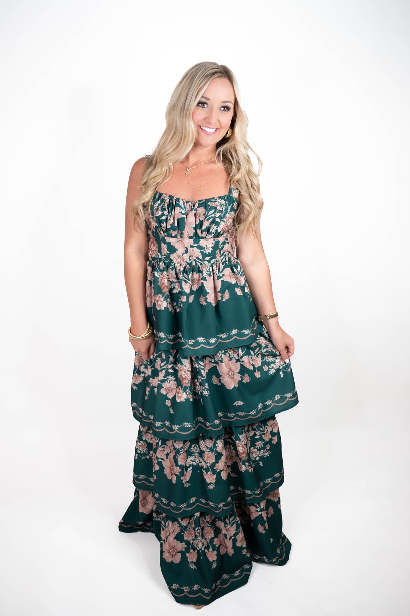 Hunter Green Floral Ruffled Maxi