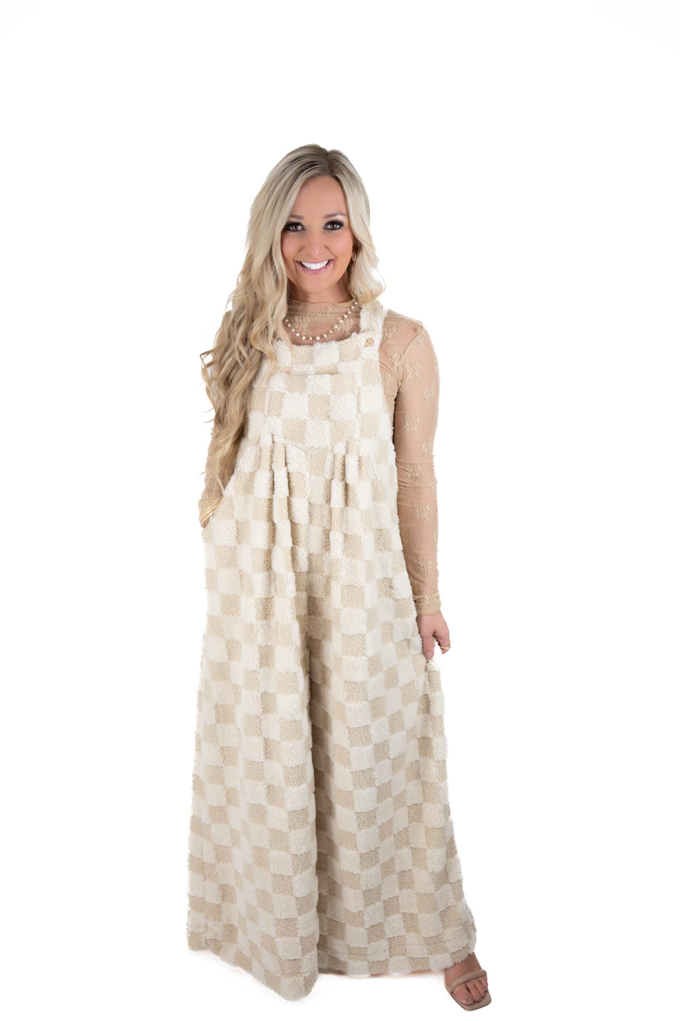 Ivory Sherpa Checkered Overalls