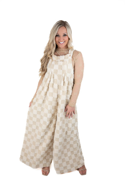 Ivory Sherpa Checkered Overalls