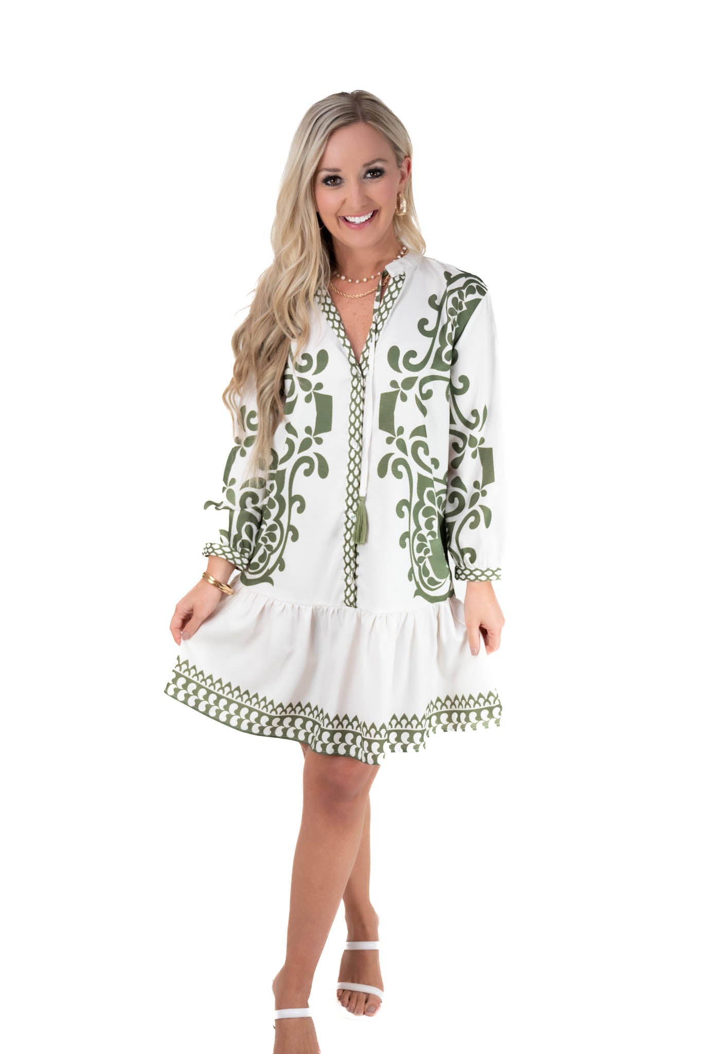 White/Green Printed Dress