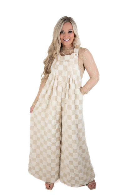 Ivory Sherpa Checkered Overalls