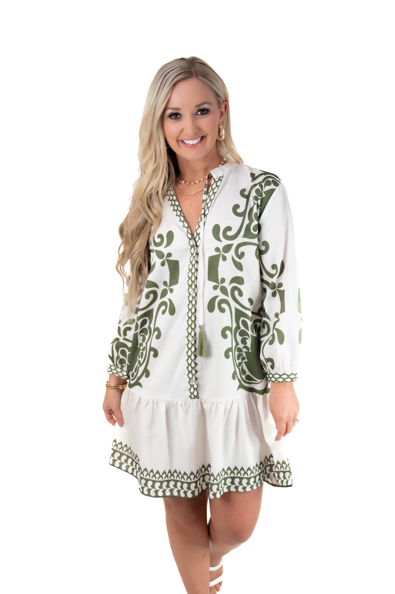 White/Green Printed Dress