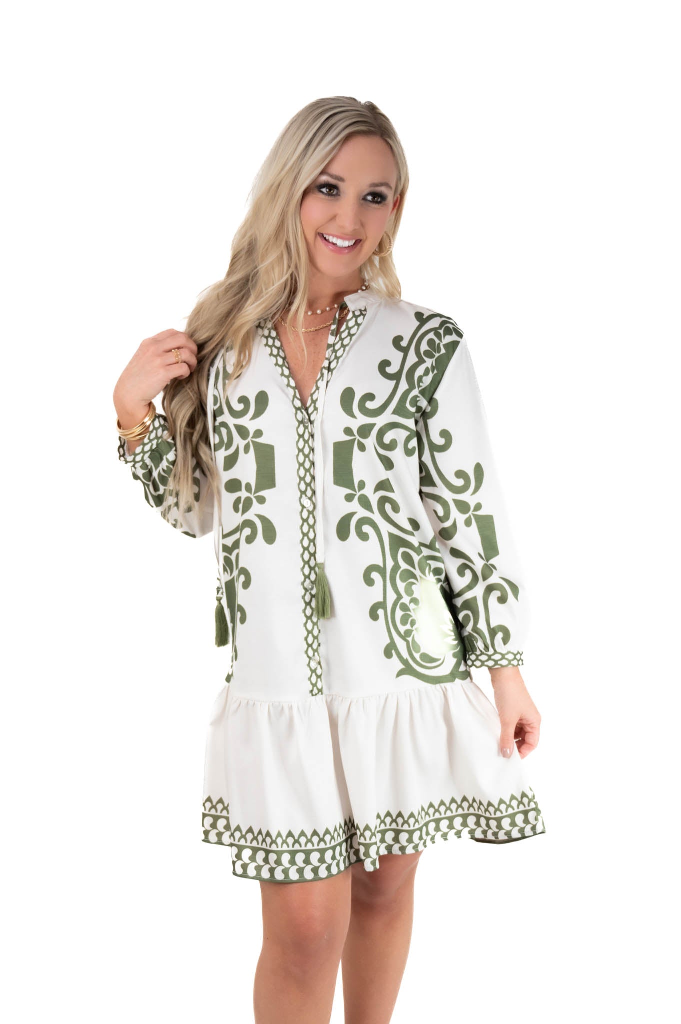 White/Green Printed Dress