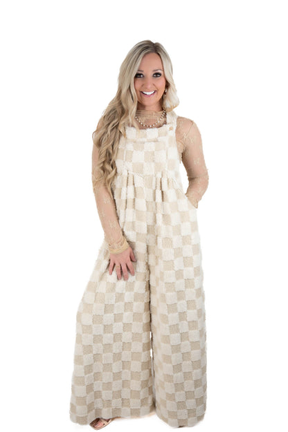 Ivory Sherpa Checkered Overalls