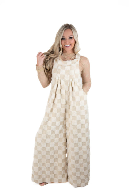 Ivory Sherpa Checkered Overalls