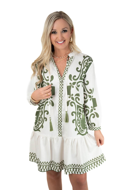 White/Green Printed Dress