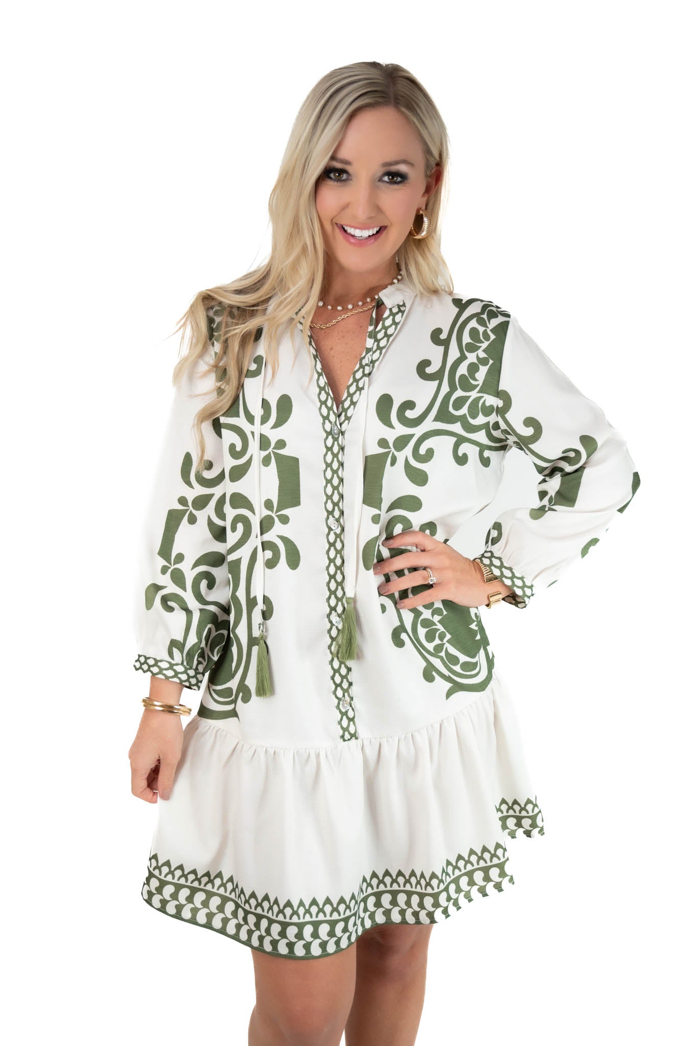 White/Green Printed Dress