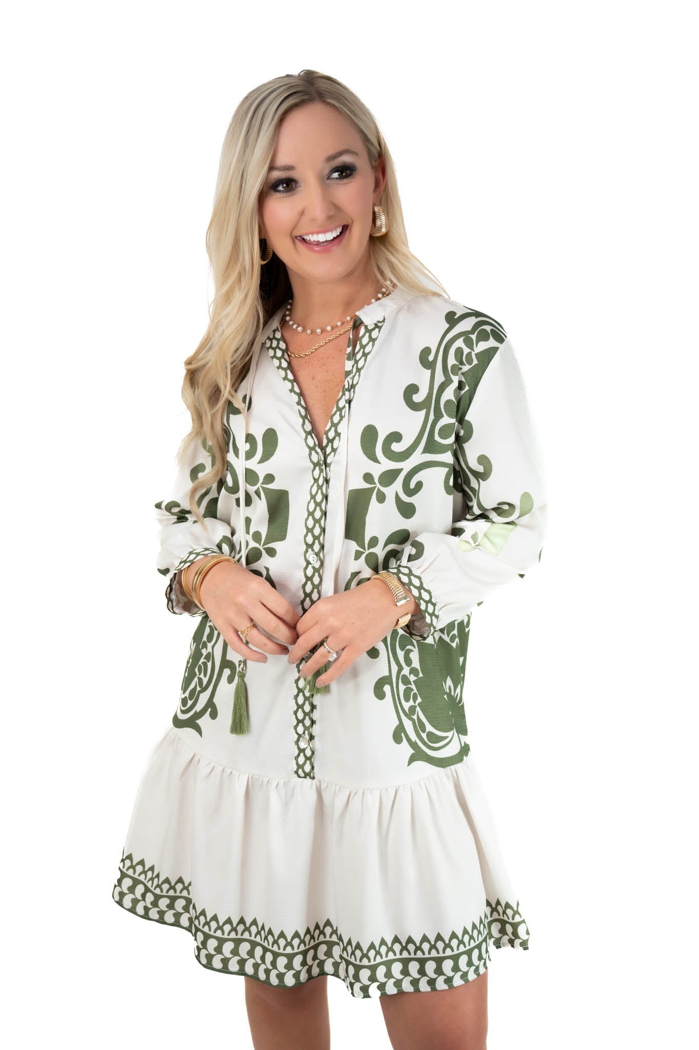 White/Green Printed Dress