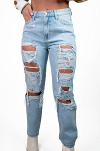 Risen Distressed High Rise Straight Jeans