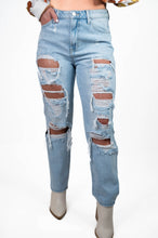 Risen Distressed High Rise Straight Jeans