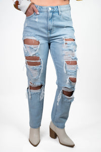 Risen Distressed High Rise Straight Jeans