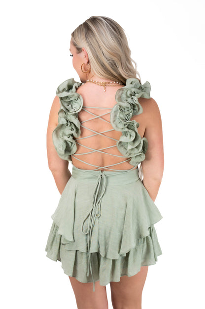 Sage Ruffle Strap Floral Romper