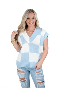 Blue Checkered Knit Sweater Vest