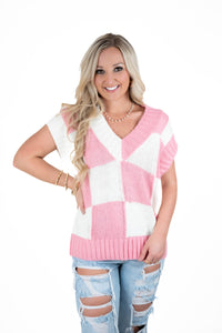 Pink Checkered Knit Sweater Vest