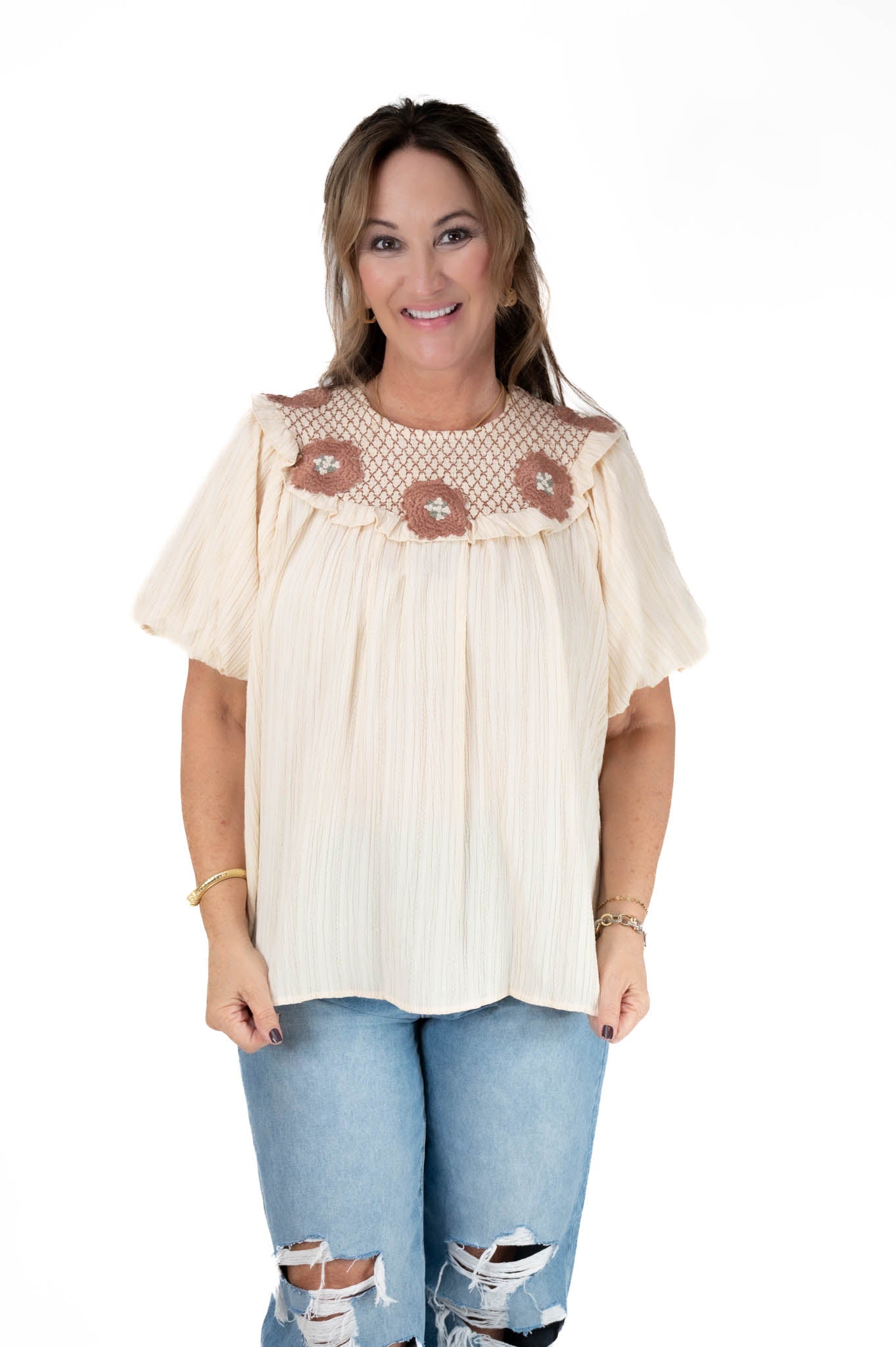 Taupe Floral Bubble Sleeve Top