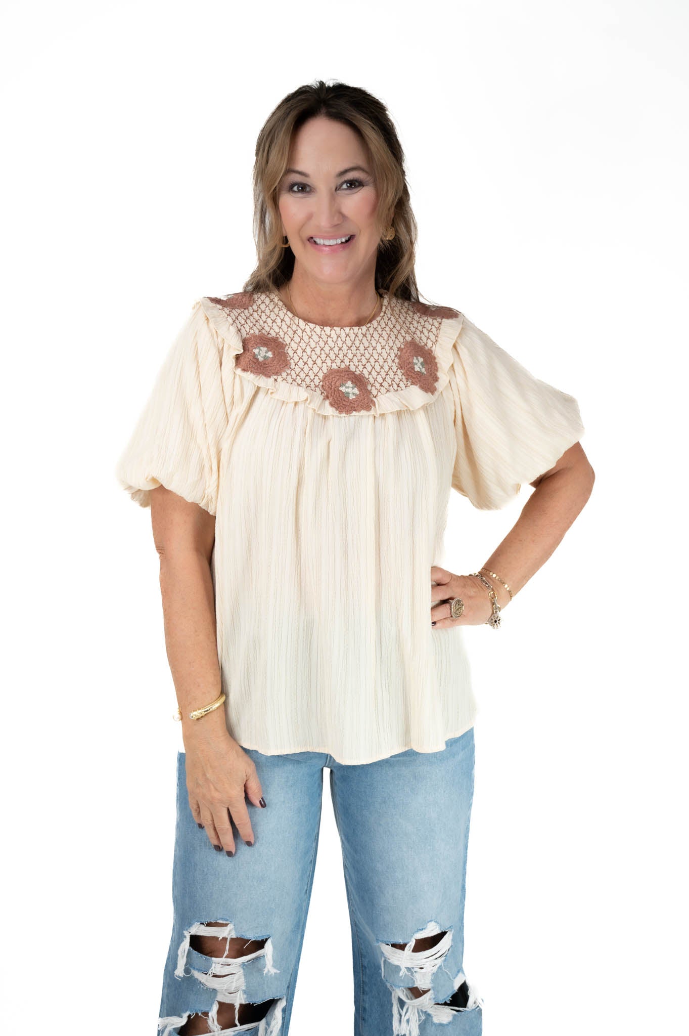 Taupe Floral Bubble Sleeve Top