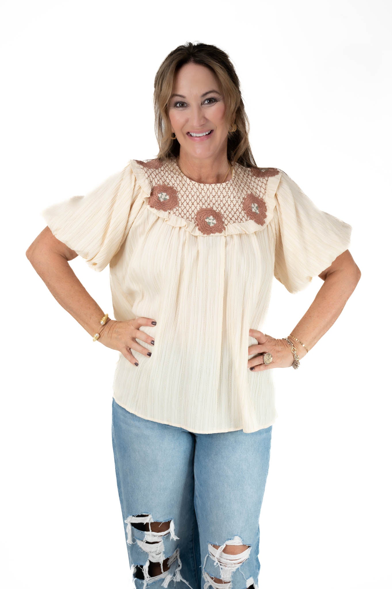 Taupe Floral Bubble Sleeve Top