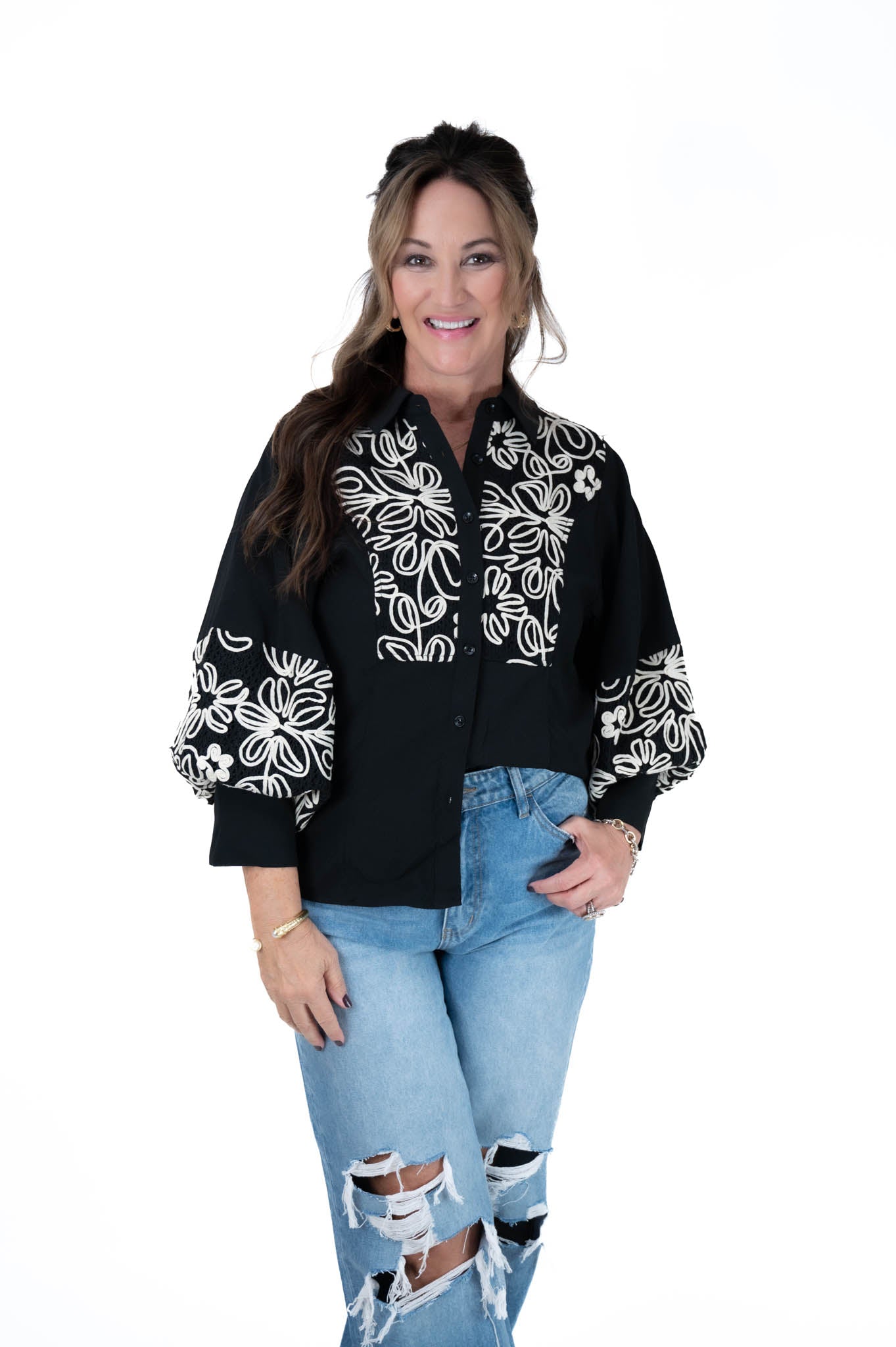 Black Button Down Embroidered Top