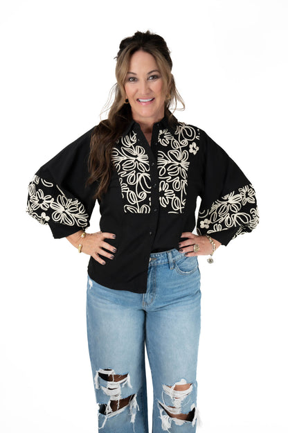 Black Button Down Embroidered Top