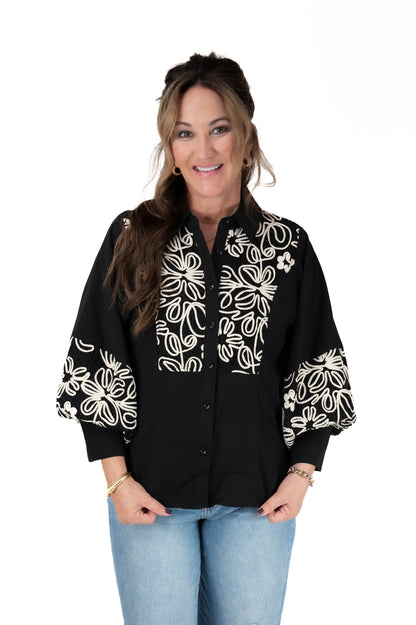 Black Button Down Embroidered Top