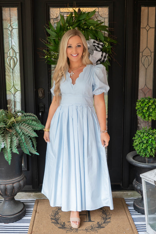 Blue Scalloped Midi Dress