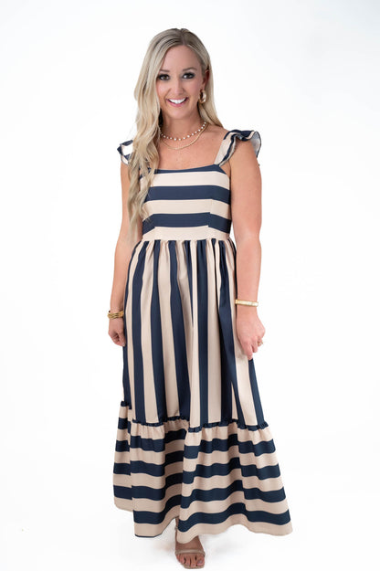 Beige/Navy Midi Dress