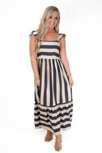 Beige/Navy Midi Dress