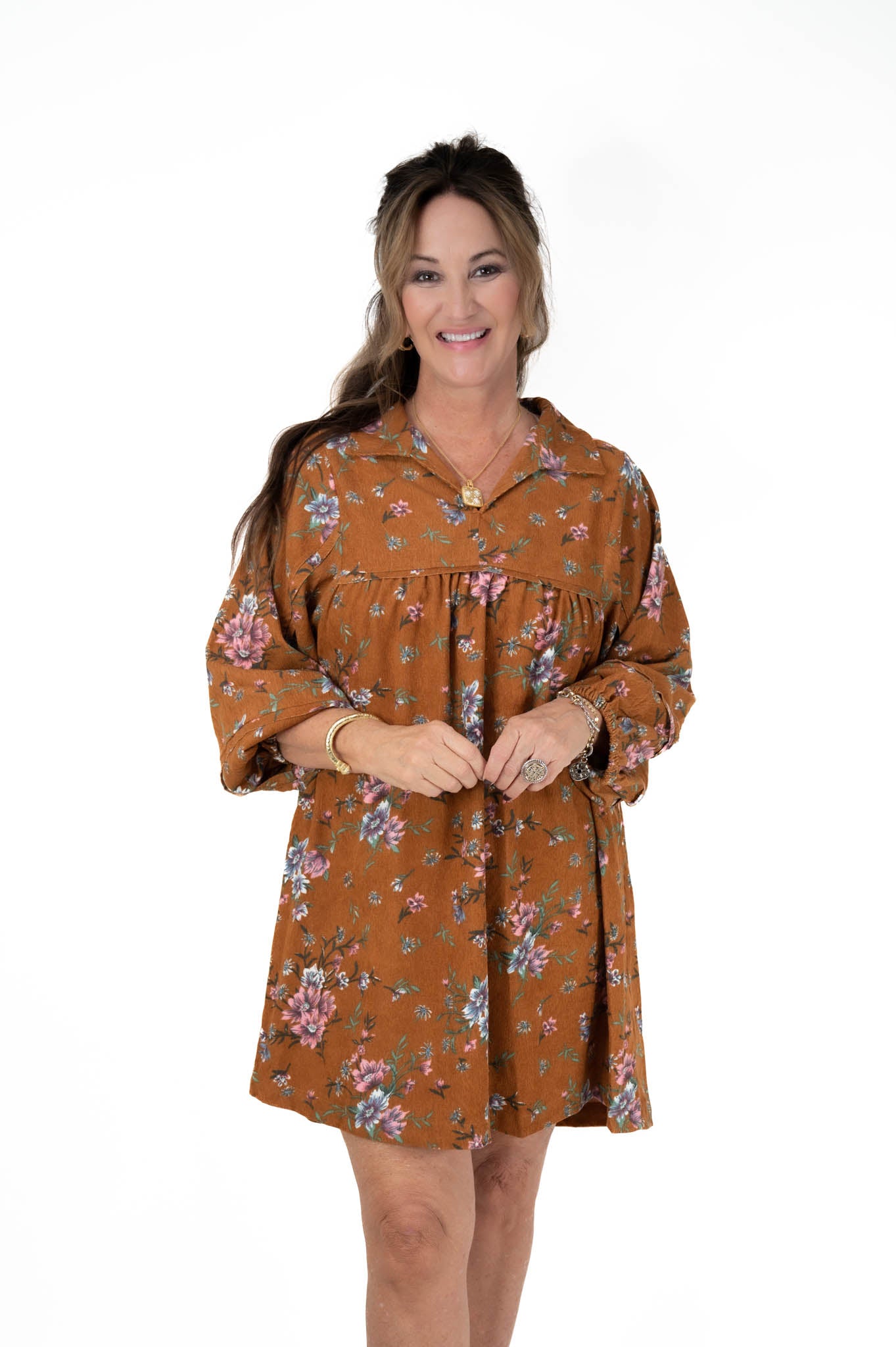 Camel Floral Corduroy Dress