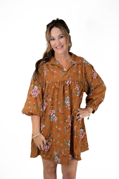 Camel Floral Corduroy Dress