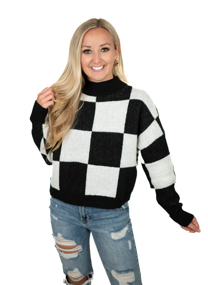 Black Checkered Crew Neck Sweater