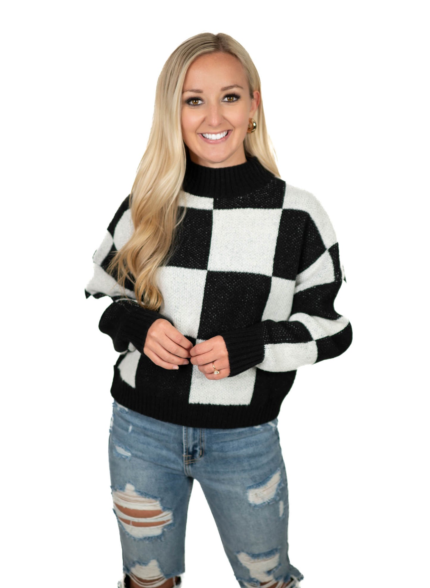 Black Checkered Crew Neck Sweater