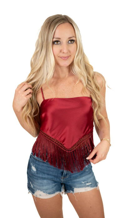 Burgundy Fringe Tie Back Top