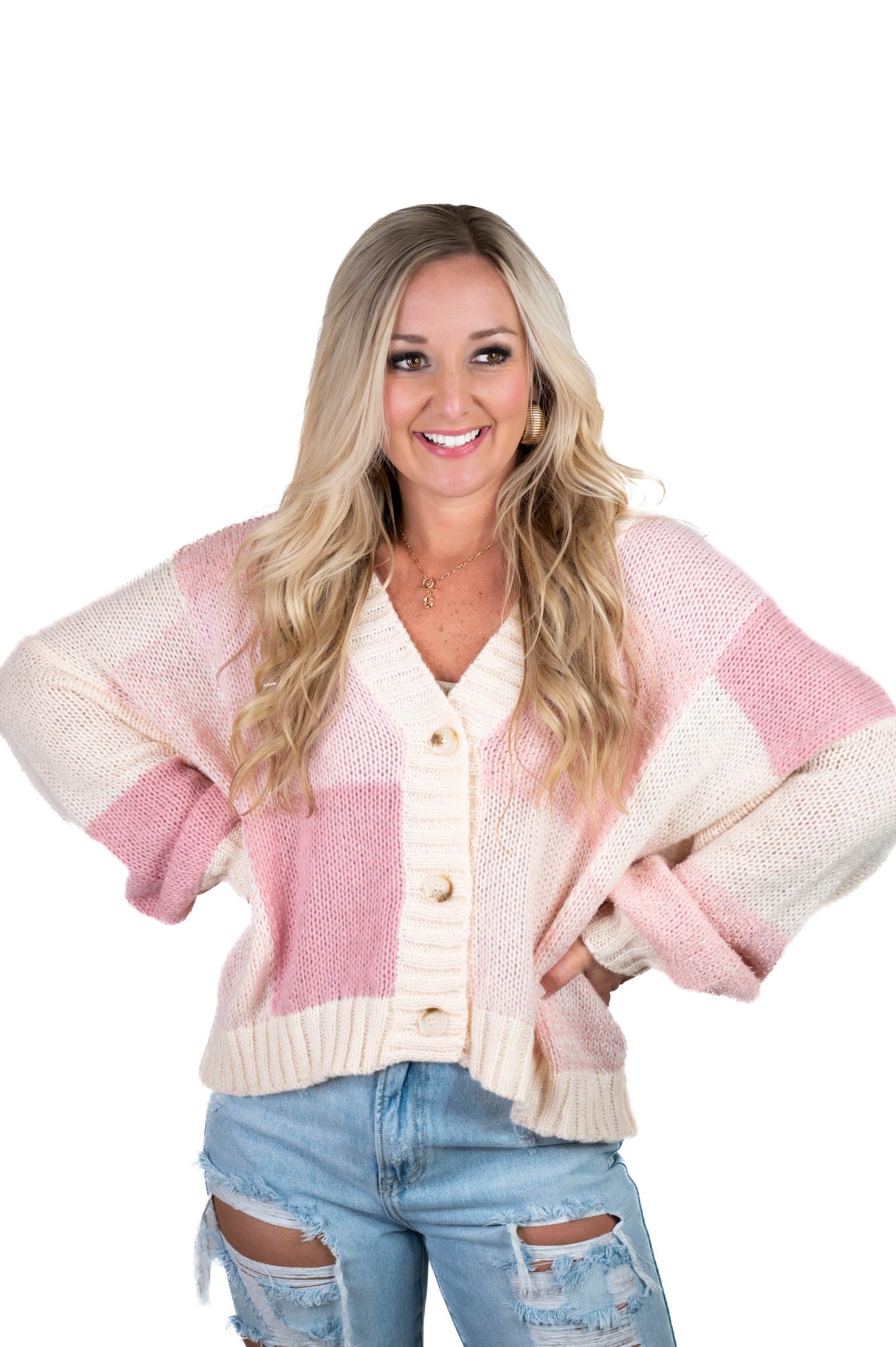 Pink Color Block Cardigan