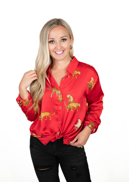 Red Satin Animal Print Top