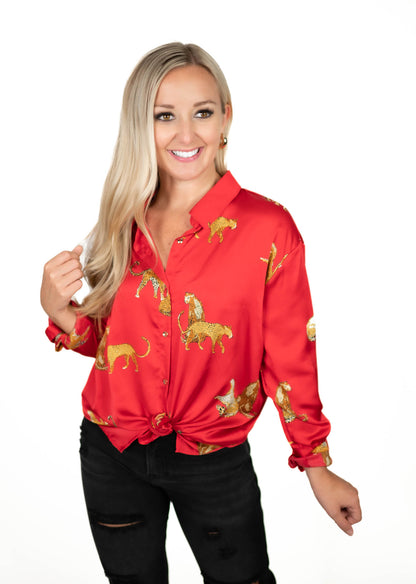 Red Satin Animal Print Top