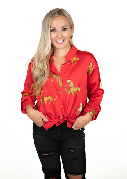 Red Satin Animal Print Top