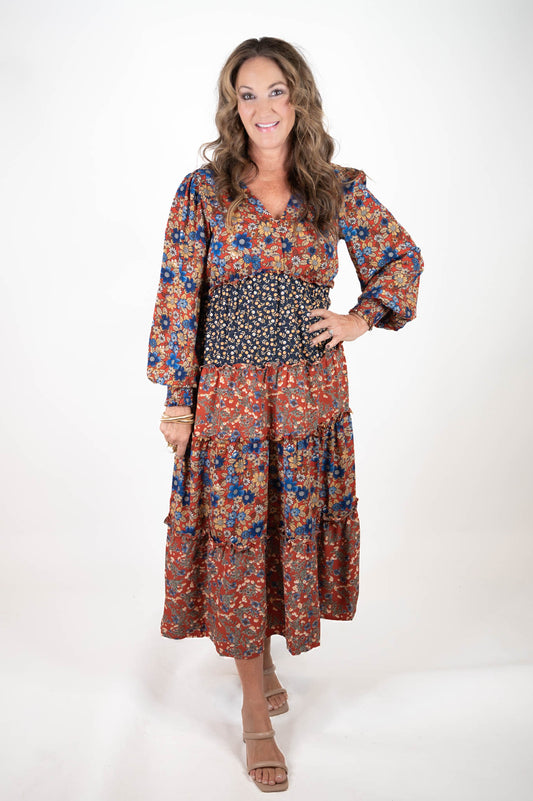 Rust/Navy Floral Midi Dress