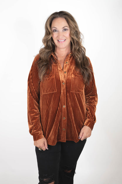 Rust Velvet Button Up Top