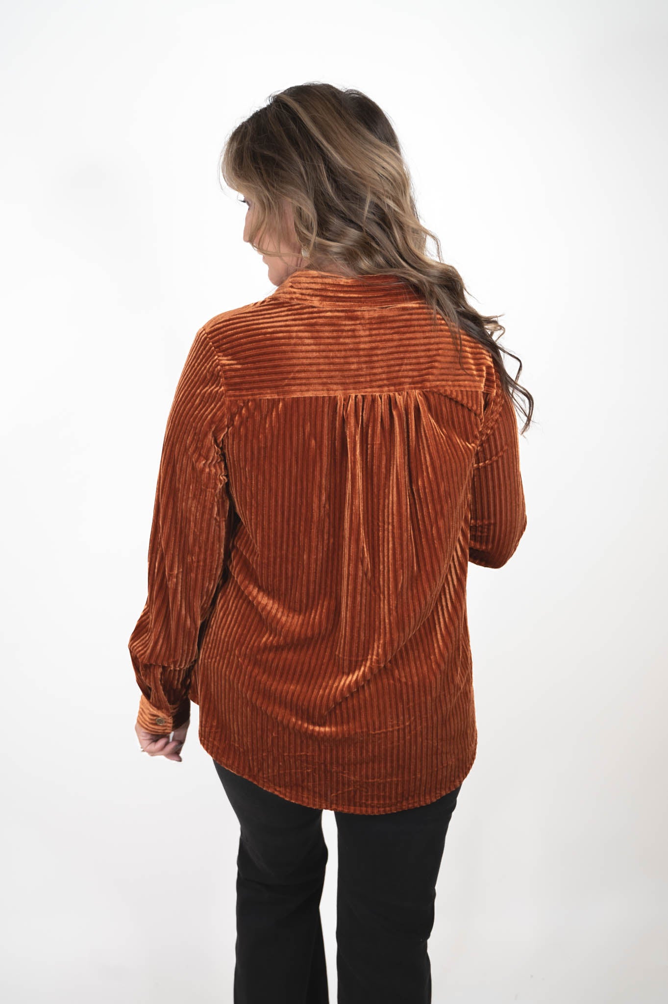 Rust Velvet Button Up Top