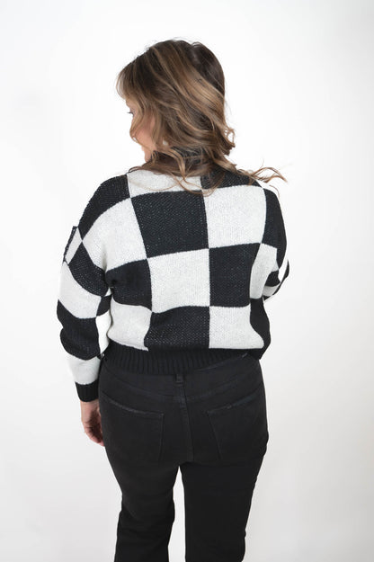 Black Checkered Crew Neck Sweater