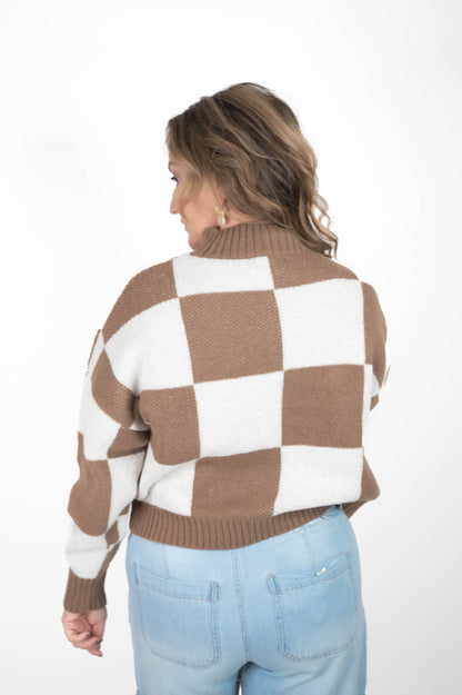 Taupe Checkered Crew Neck Sweater