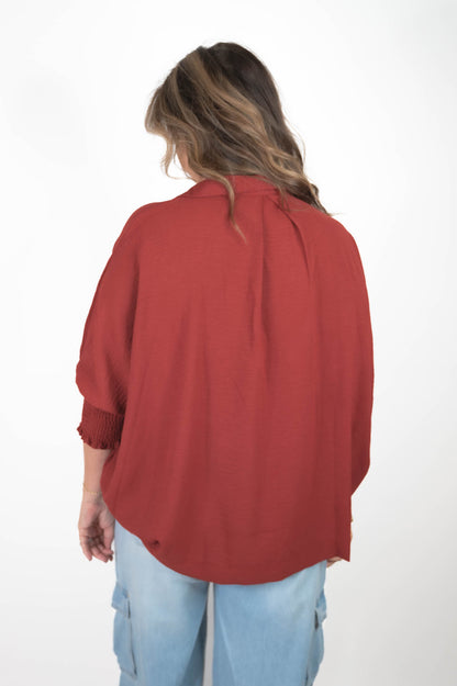 Wine Smocked Sleeve Top