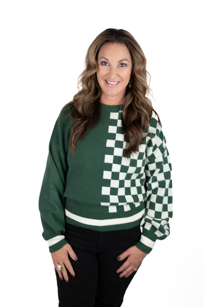 Hunter Green Checkered Colorblock Sweater