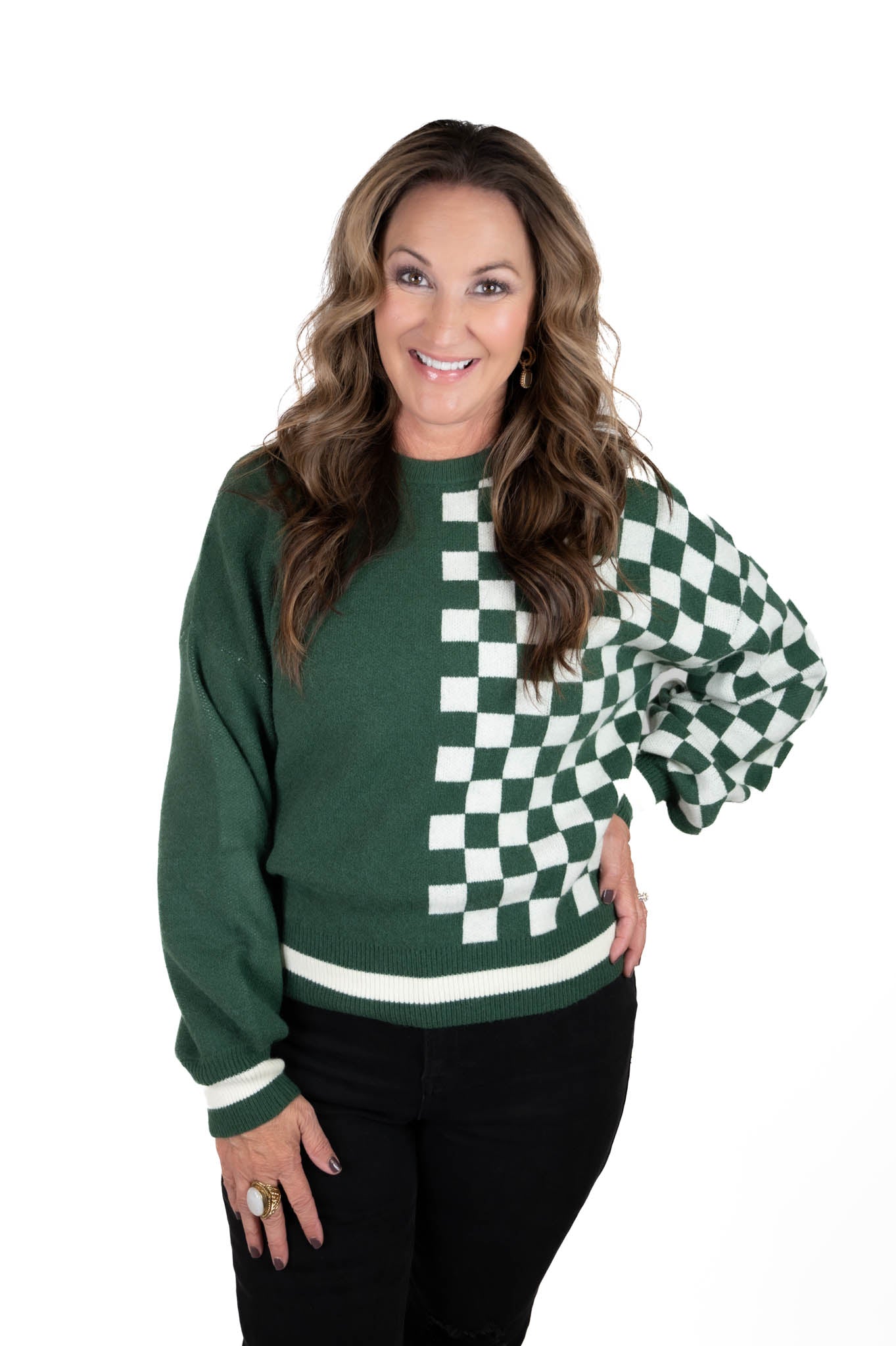 Hunter Green Checkered Colorblock Sweater