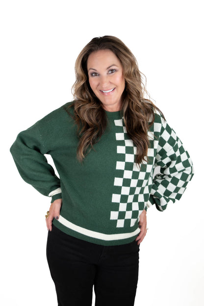 Hunter Green Checkered Colorblock Sweater