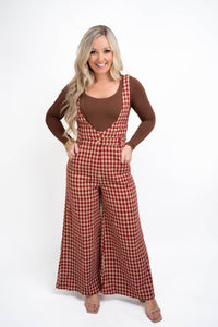 Red/Taupe Houndstooth Tweed Jumpsuit