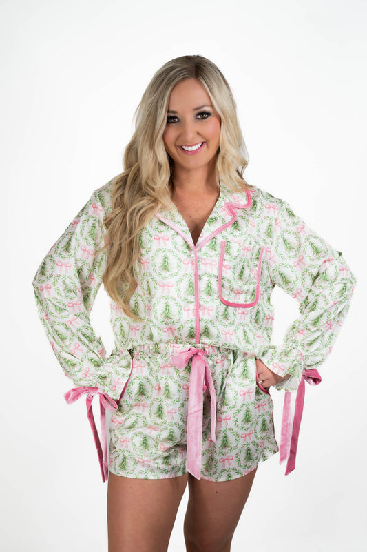 Satin Christmas Tree & Bow Pajama Set