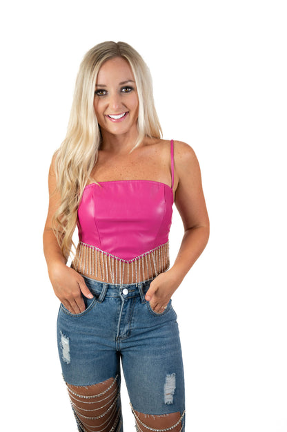 Fuchsia Faux Leather Rhinestone Top