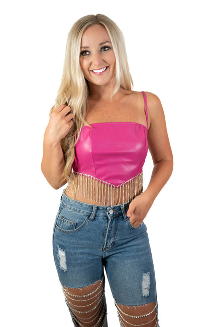 Fuchsia Faux Leather Rhinestone Top